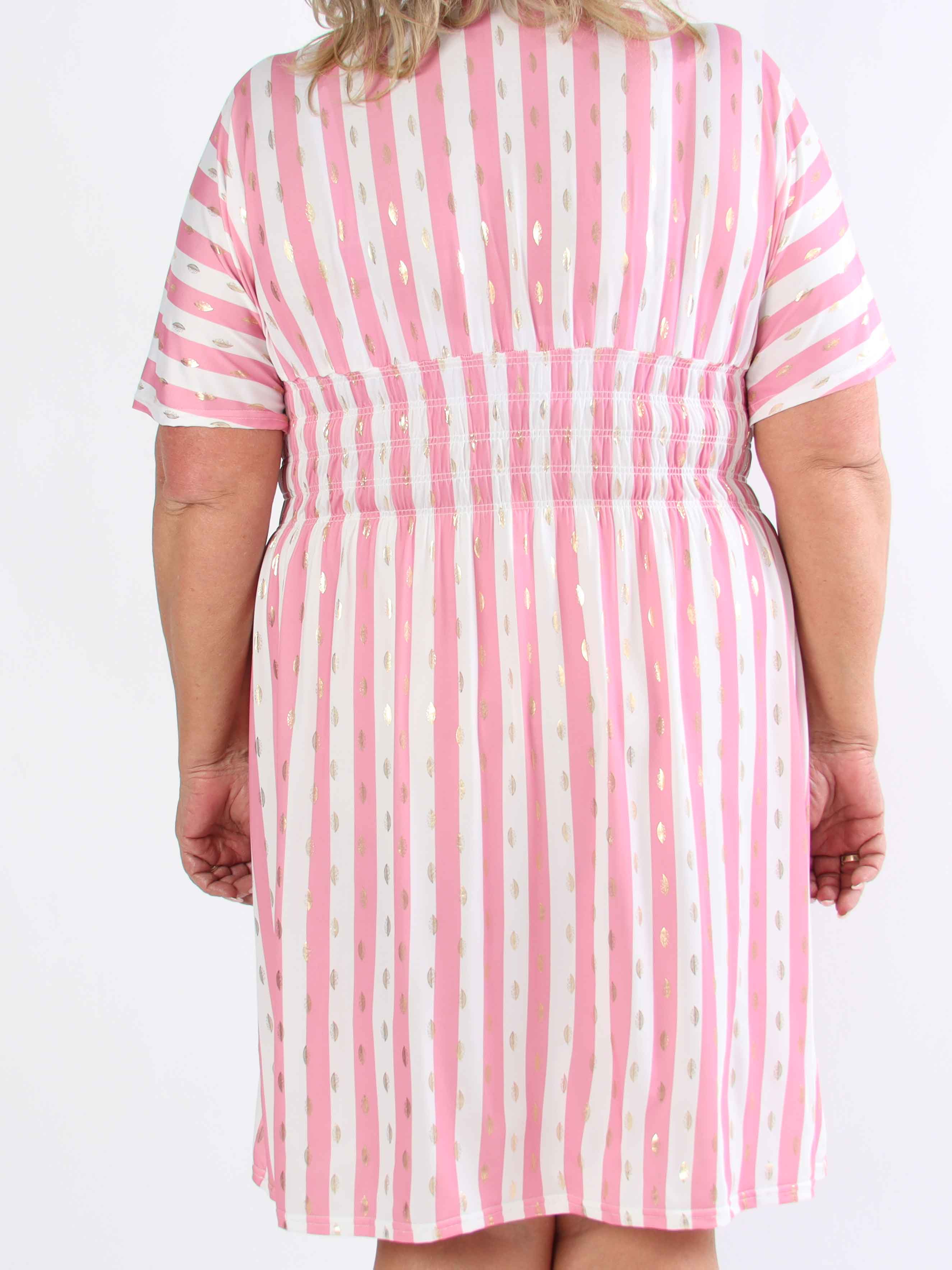 Pams Stripe Short - Randig plus size-klänning med gulddetaljer